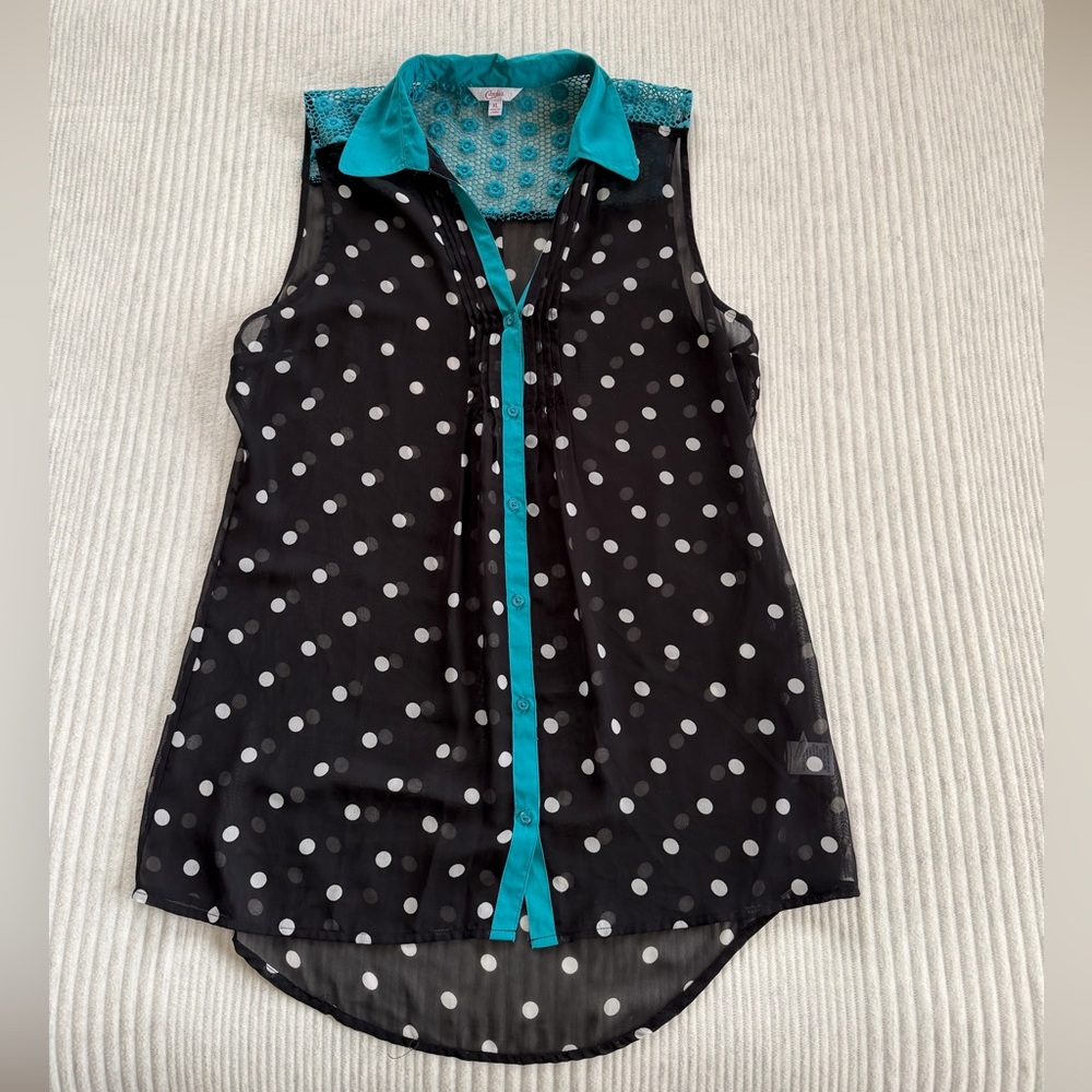 Candie's Black and Teal Polka Dot Blouse